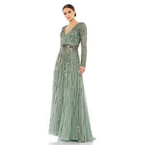 MAC DUGGAL 16 Plunging V-Neck Gown Sage Green Sequin LongSleeve A-Line 4977 NWOT